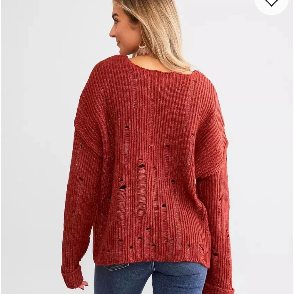 Women's Red Knit Sweater by Daytrip| Destructed | Boho| Buckle| - Picture 3 of 7